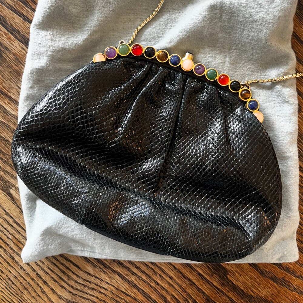 Judith Leiber Black Lizard Clutch Multi-Colored Gemstones
